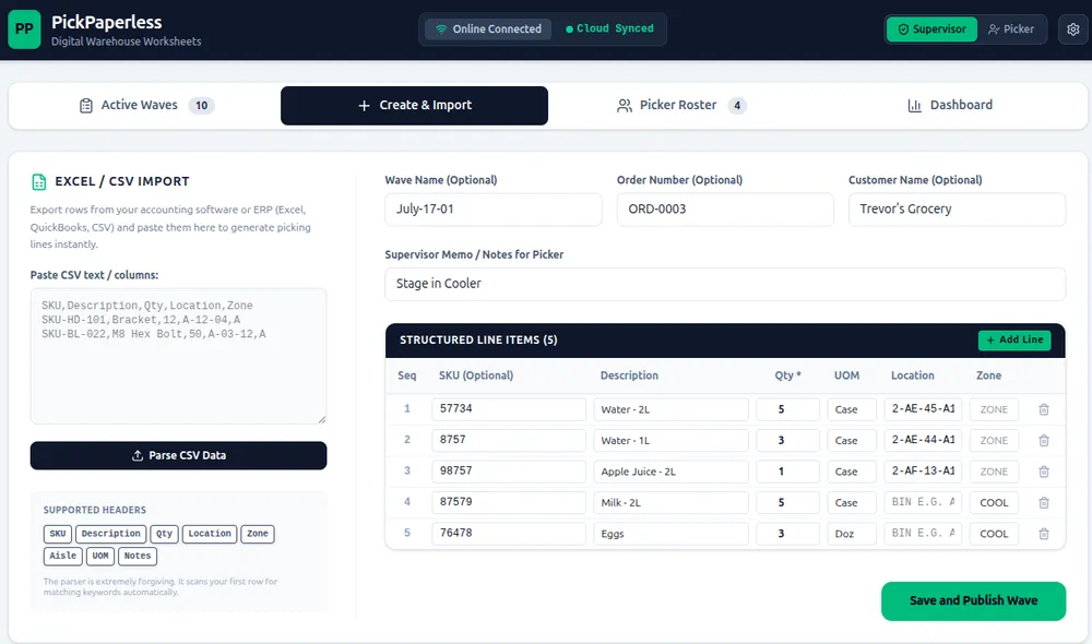 CSV import screen with pasted spreadsheet text parsed into structured pick lines with SKU, quantity, and location fields
