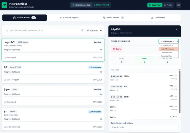 Supervisor workspace showing a list of active picking waves with one wave's picker-assignment panel open