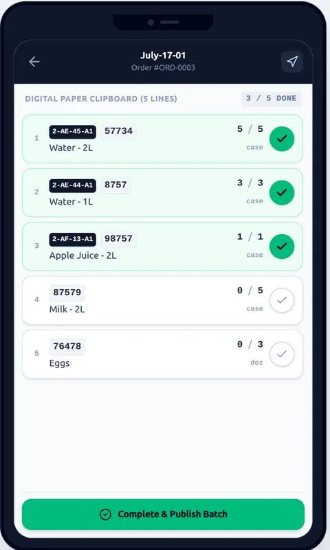 Picker's mobile worksheet showing five pick lines, three already confirmed complete