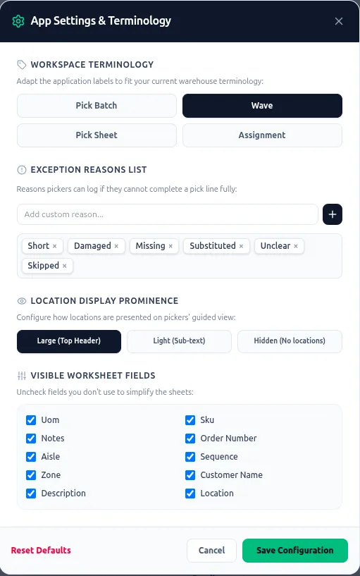App settings screen for renaming workspace terminology, editing the exception-reasons list, and toggling visible worksheet fields